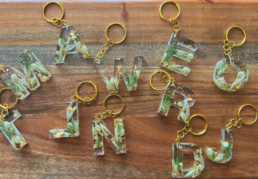 Pressed Flowers and Gold Medium Resin Letter Keychain